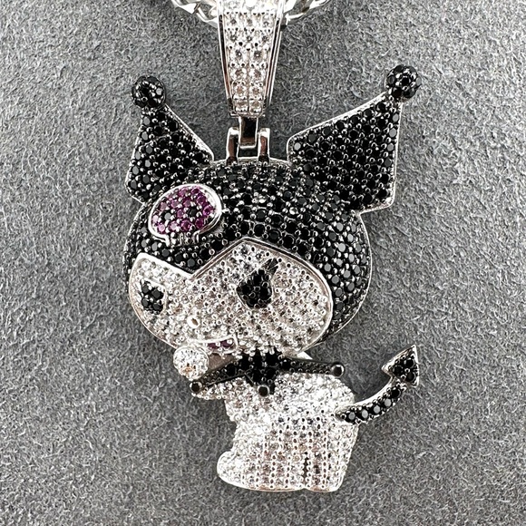 Iced Out 925 Sterling Silver Round Cut 3D Kuromi Necklace - Picture 2 of 10